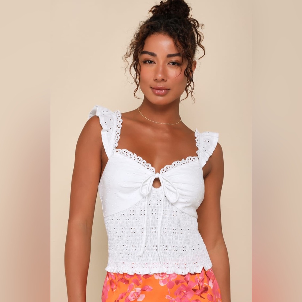 NWT- Lulus Perfect Sweetness White Eyelet Ruffled Keyhole Smocked Top, Medium